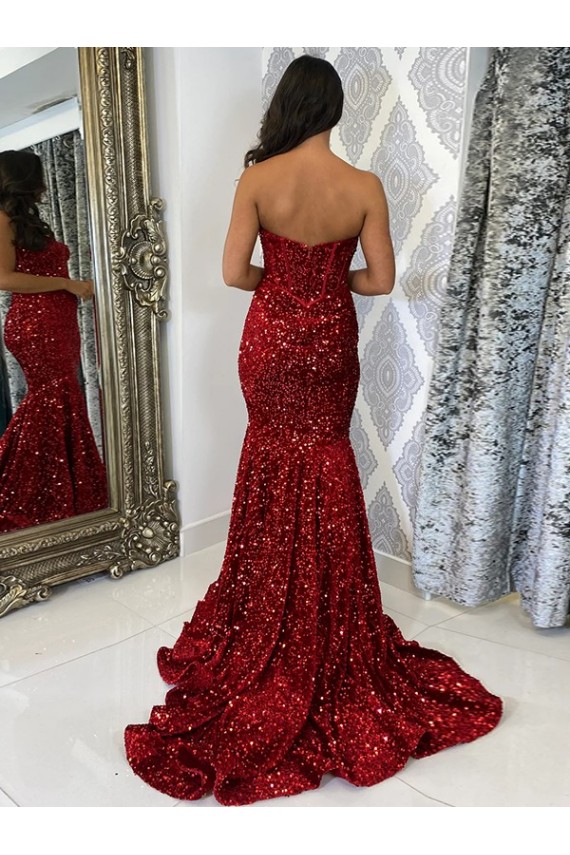Buy Court Train Burgundy Sleeveless Sheath Velvet Sequin Evening Dress
