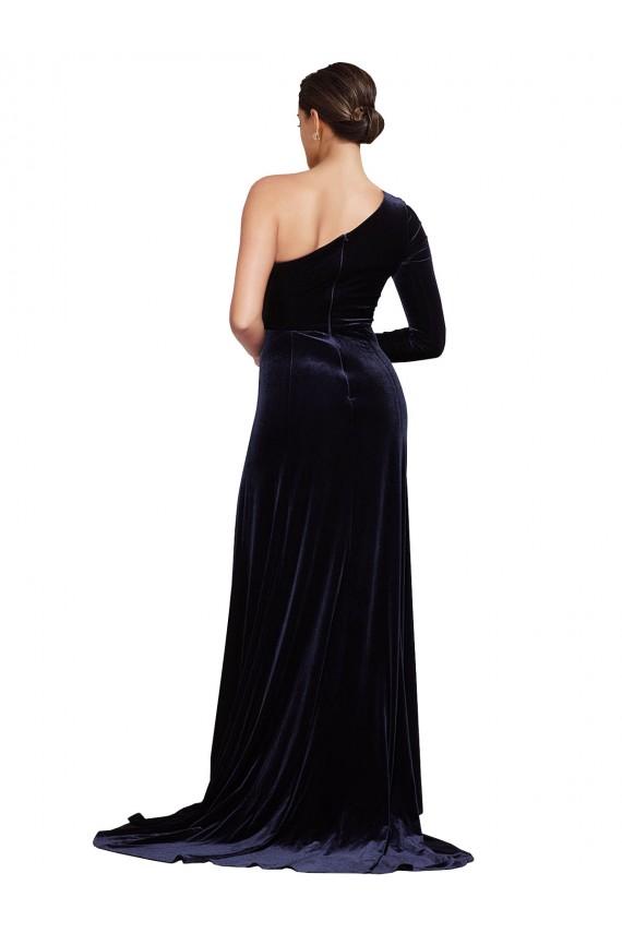 Buy Sweep Train Dark Navy Long Sleeves A-Line Formal Evening Dress