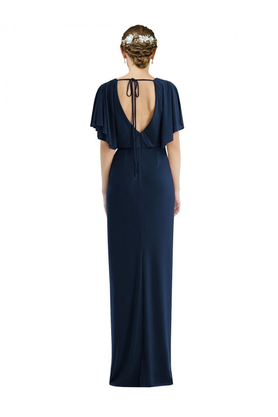 Buy Long Dark Navy Short Sleeves Sheath Open Back Semi Formal Evening Dress
