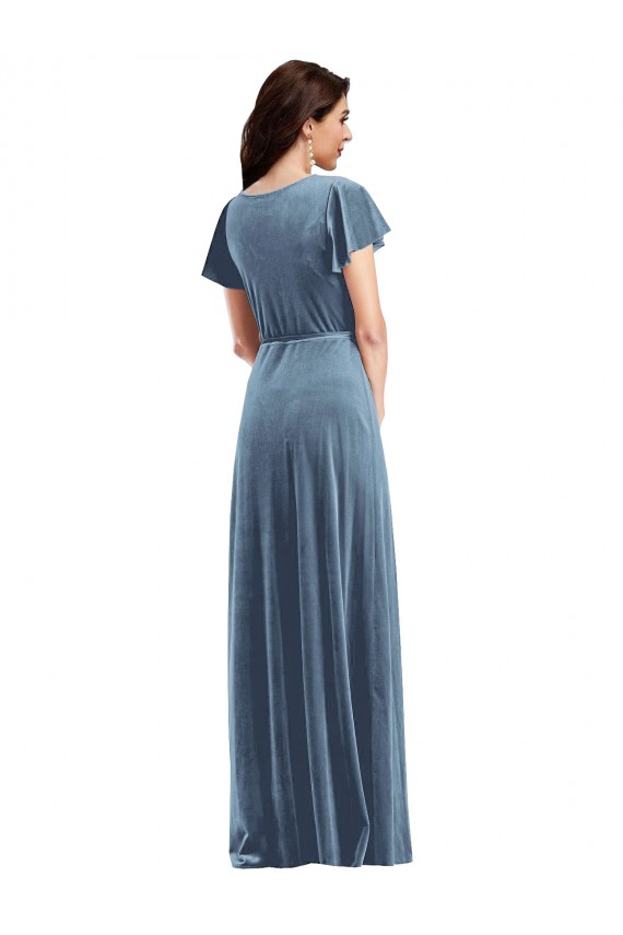 Buy Long Dusty Blue Flutter Sleeves A-Line Black Tie Evening Dress