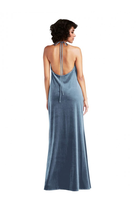 Buy Long Dusty Blue Sleeveless Sheath V-Back Evening Gown