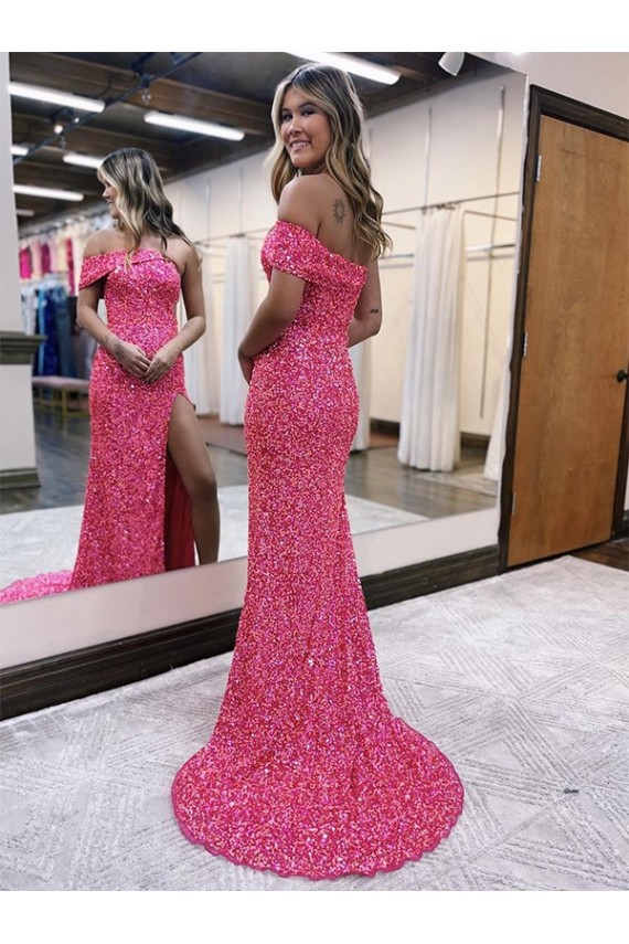 Buy Sweep Train Fuchsia Sleeveless Sheath Velvet Sequin Evening Dress