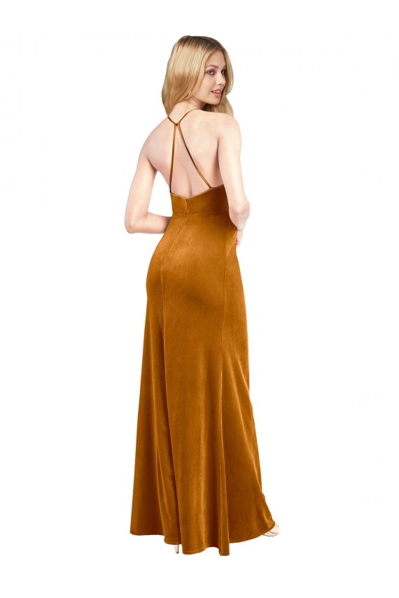 Buy Long Gold Sleeveless A-Line Open Back Stretch Velvet Formal Evening Dress