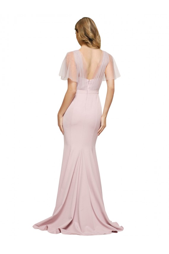 Buy Long Mauve Short Sleeves Sheath V-Back Formal Evening Dress