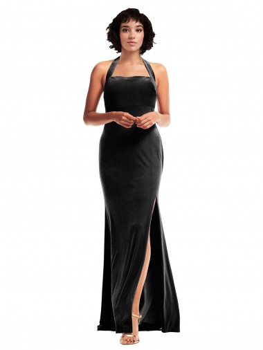 Buy Long Black Sleeveless Mermaid Low Back Stretch Velvet Formal Evening Dress