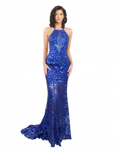 Buy Long Royal Blue Sleeveless Mermaid Open Back Semi Formal Evening Dress