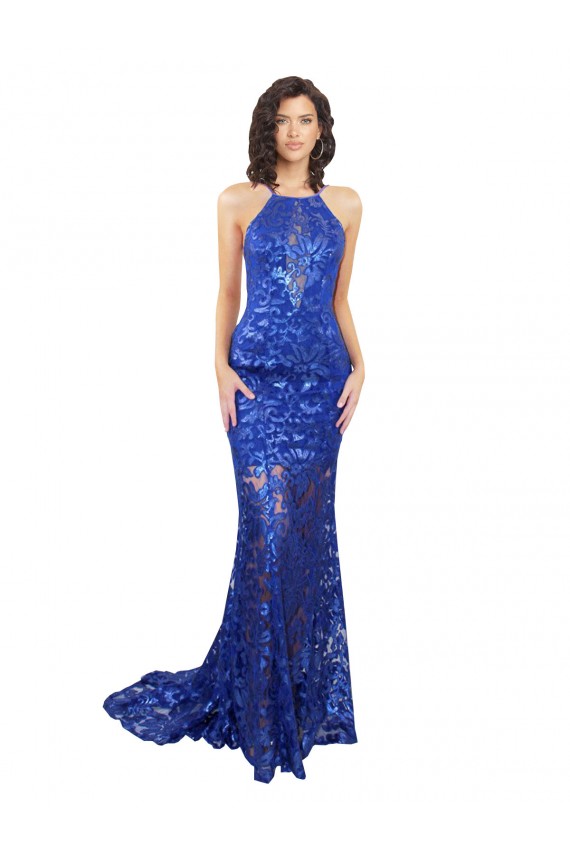 Buy Long Royal Blue Sleeveless Mermaid Open Back Semi Formal Evening Dress