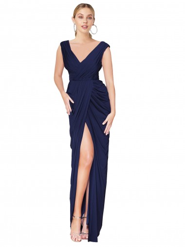 Buy Long Dark Navy Sleeveless Mermaid V-Back Front Slit Formal Evening Dress