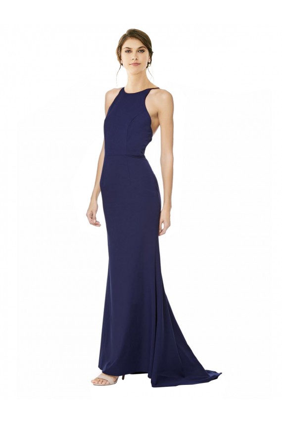 Buy Long Navy Blue Sleeveless Mermaid Open Back Formal Evening Dress