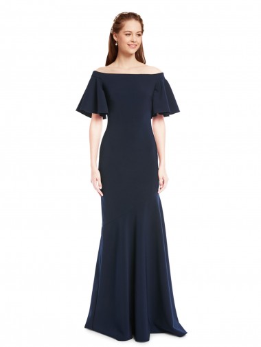 Buy Long Dark Navy Short Sleeves Mermaid Evening Dress