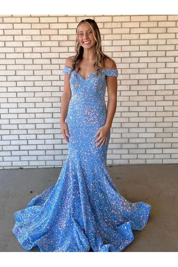 Buy Long Periwinkle Sleeveless Mermaid Velvet Sequin Evening Dress