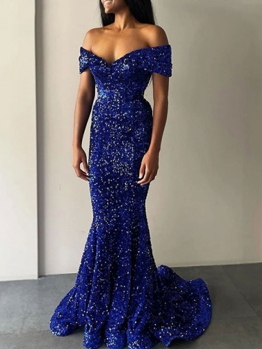 Buy Sweep Train Royal Blue Sleeveless Mermaid Velvet Sequin Prom Dress