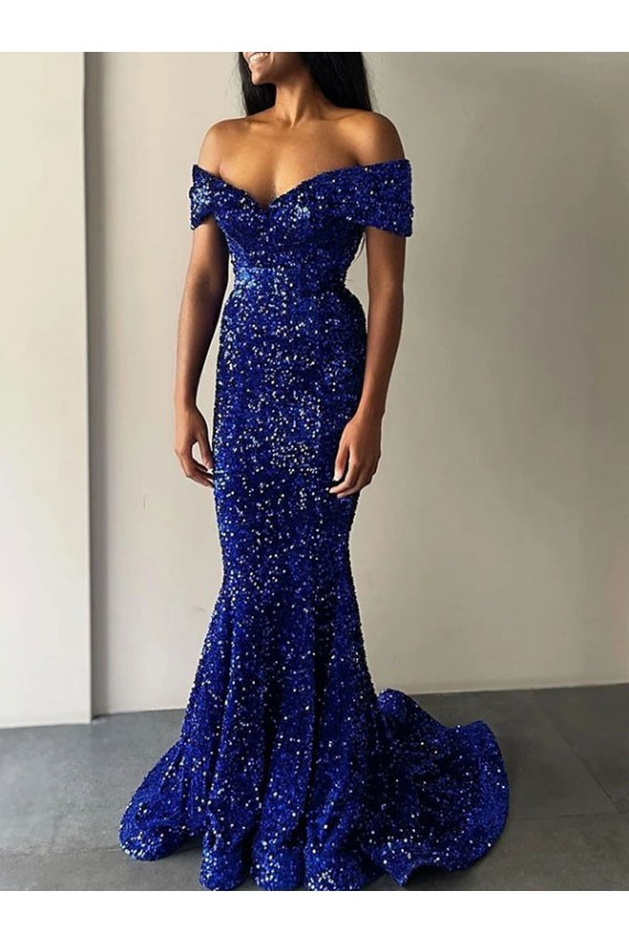 Buy Sweep Train Royal Blue Sleeveless Mermaid Velvet Sequin Prom Dress
