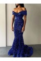 Buy Sweep Train Royal Blue Sleeveless Mermaid Velvet Sequin Prom Dress