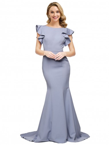 Buy Sweep Train Smoke Blue Sleeveless Mermaid V-Back Formal Evening Dress