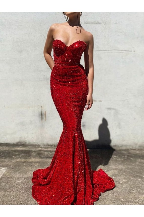 Buy Court Train Burgundy Sleeveless Mermaid Velvet Sequin Evening Dress