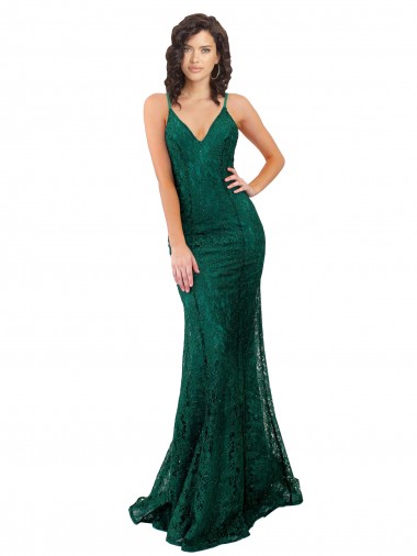 Buy Long Dark Green Sleeveless Mermaid Open Back Black Tie Evening Dress