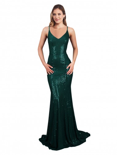 Buy Long Dark Green Sleeveless Mermaid Low Back Formal Evening Dress