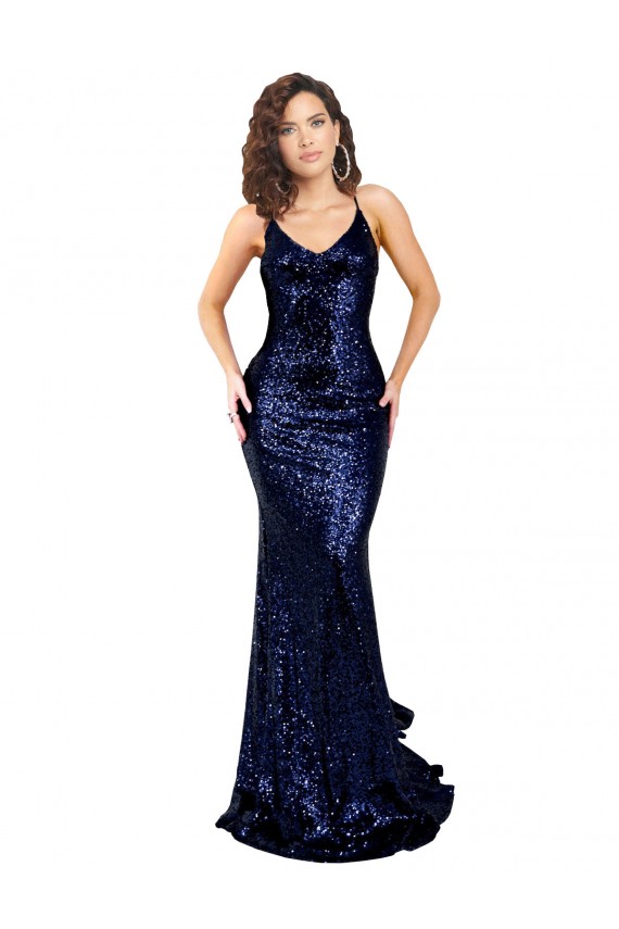 Buy Long Dark Navy Sleeveless Mermaid Open Back Sequin Formal Evening Dress