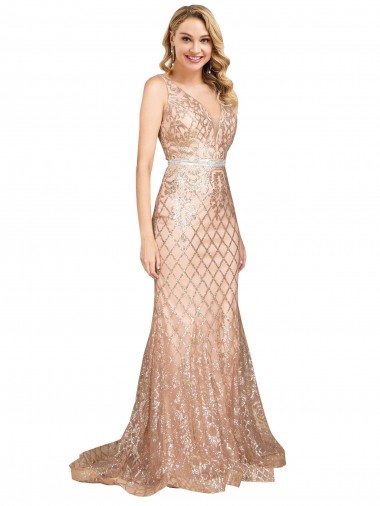 Buy Long Rose Gold Sleeveless Mermaid V-Back Plus Size Formal Evening Dress