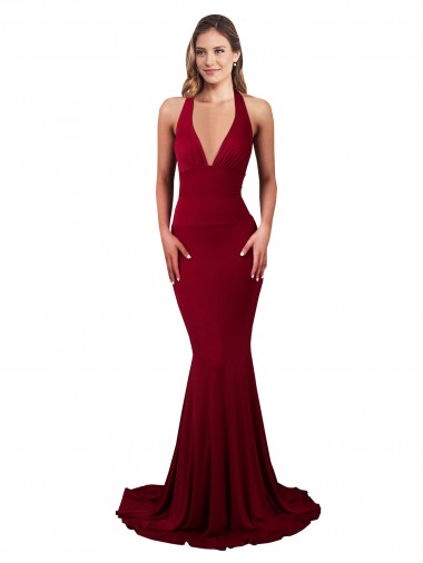 Buy Long Burgundy Sleeveless Mermaid Open Back Spandex Formal Evening Dress