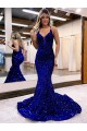 Buy Court Train Royal Blue Sleeveless Mermaid Velvet Sequin Prom Dress