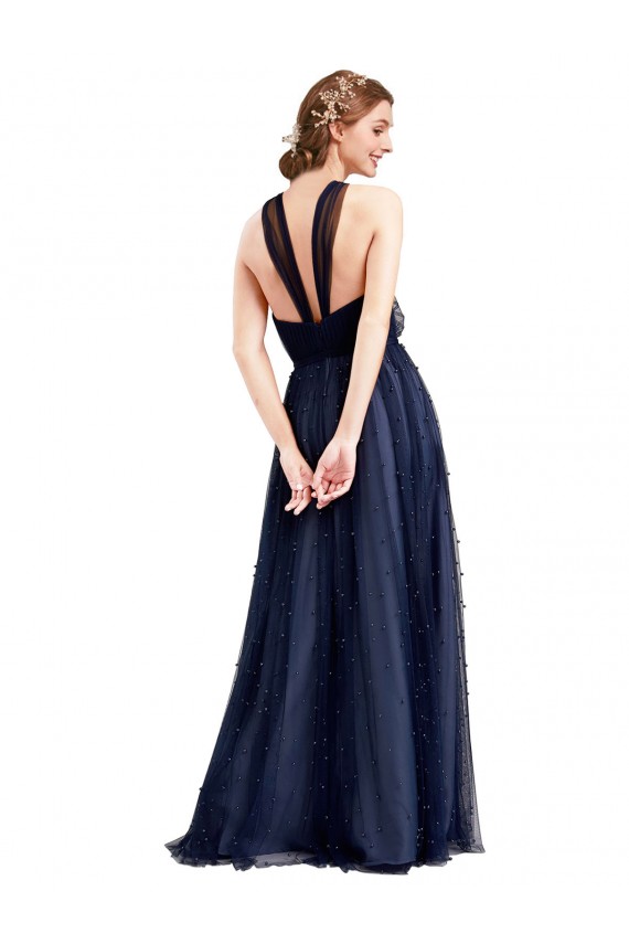 Buy Long Navy Blue Sleeveless A-Line Evening Dress