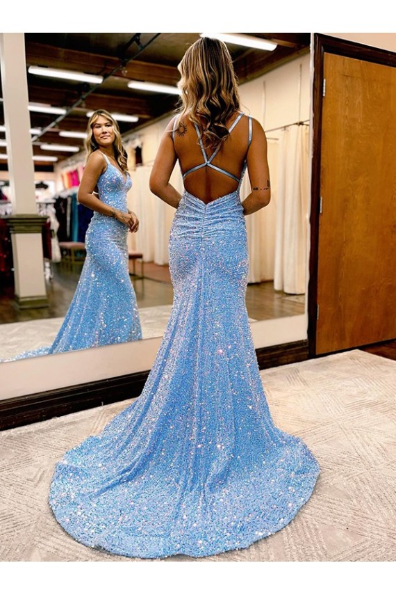 Buy Sweep Train Periwinkle Sleeveless Sheath Velvet Sequin Evening Dress