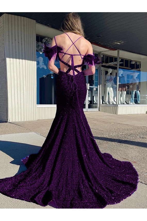 Buy Court Train Plum Purple Sleeveless Sheath Velvet Sequin Evening Dress