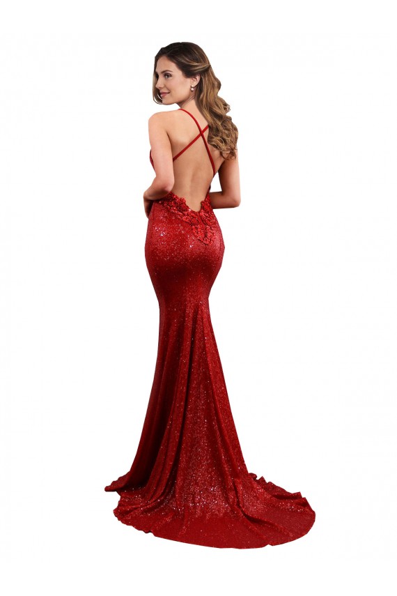 Buy Long Red Sleeveless Mermaid Open Back Sequin Evening Dress