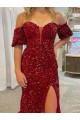 Buy Court Train Red Short Sleeves Sheath Velvet Sequin Evening Dress