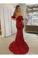 Buy Court Train Red Short Sleeves Sheath Velvet Sequin Evening Dress