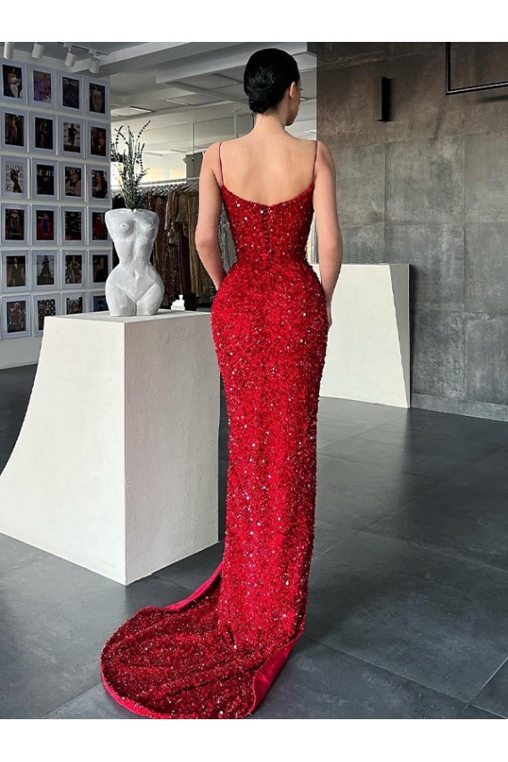 Buy Sweep Train Red Sleeveless Sheath Velvet Sequin Evening Dress