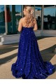 Buy Sweep Train Royal Blue Sleeveless A-Line Velvet Sequin Evening Dress