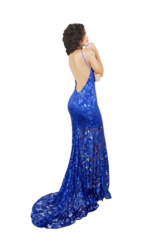 Buy Long Royal Blue Sleeveless Mermaid Open Back Semi Formal Evening Dress