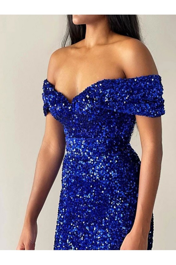 Buy Sweep Train Royal Blue Sleeveless Mermaid Velvet Sequin Prom Dress