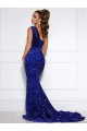 Buy Court Train Royal Blue Sleeveless Mermaid Velvet Sequin Evening Dress
