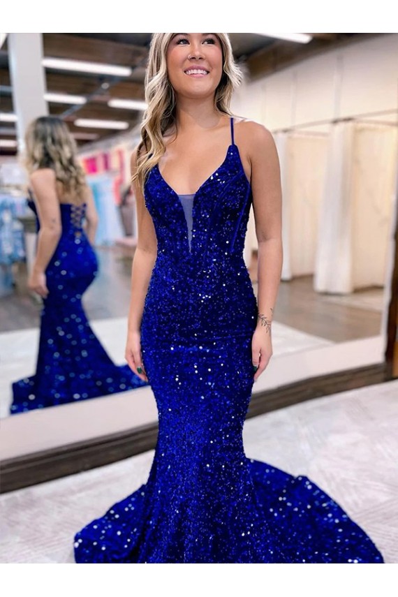 Buy Court Train Royal Blue Sleeveless Mermaid Velvet Sequin Prom Dress