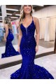 Buy Court Train Royal Blue Sleeveless Mermaid Velvet Sequin Prom Dress