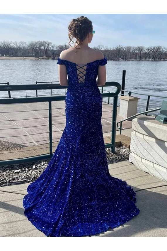 Buy Sweep Train Royal Blue Sleeveless Sheath Velvet Sequin Prom Dress