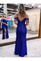Buy Long Royal Blue Sleeveless Sheath Velvet Sequin Evening Dress
