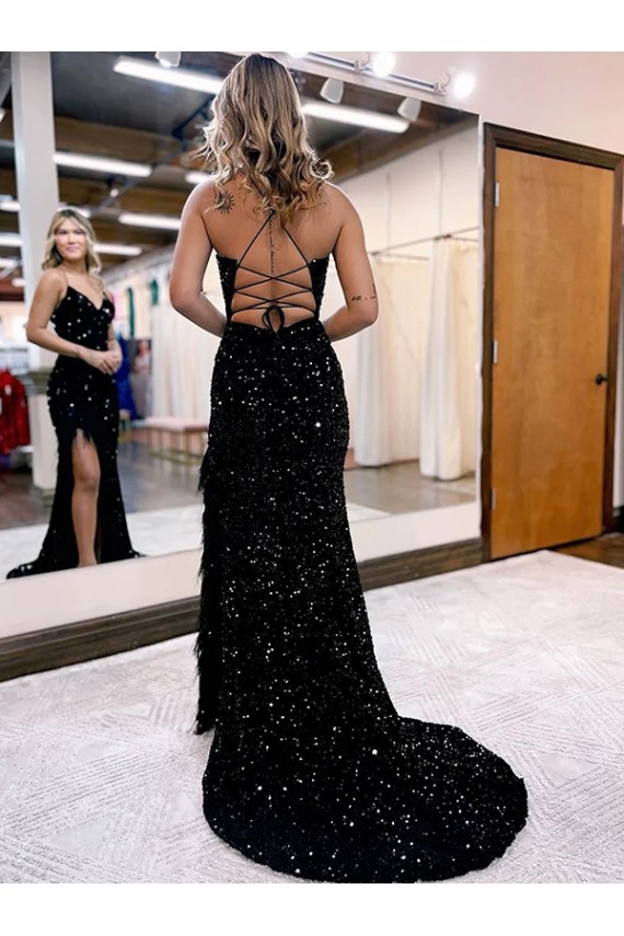 Buy Sweep Train Royal Blue Sleeveless Sheath Velvet Sequin Evening Gowns