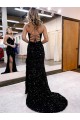 Buy Sweep Train Royal Blue Sleeveless Sheath Velvet Sequin Evening Gowns