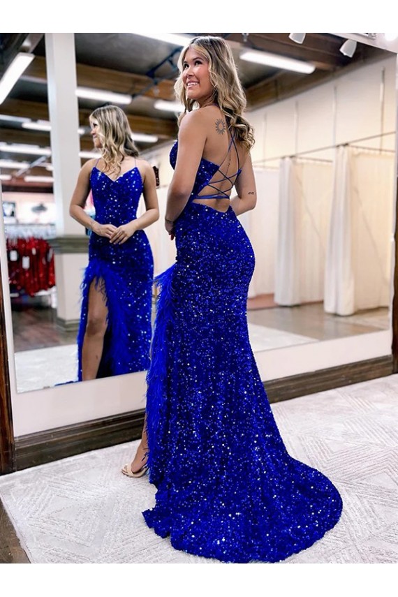 Buy Sweep Train Royal Blue Sleeveless Sheath Velvet Sequin Evening Gowns