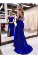 Buy Sweep Train Royal Blue Sleeveless Sheath Velvet Sequin Evening Gowns