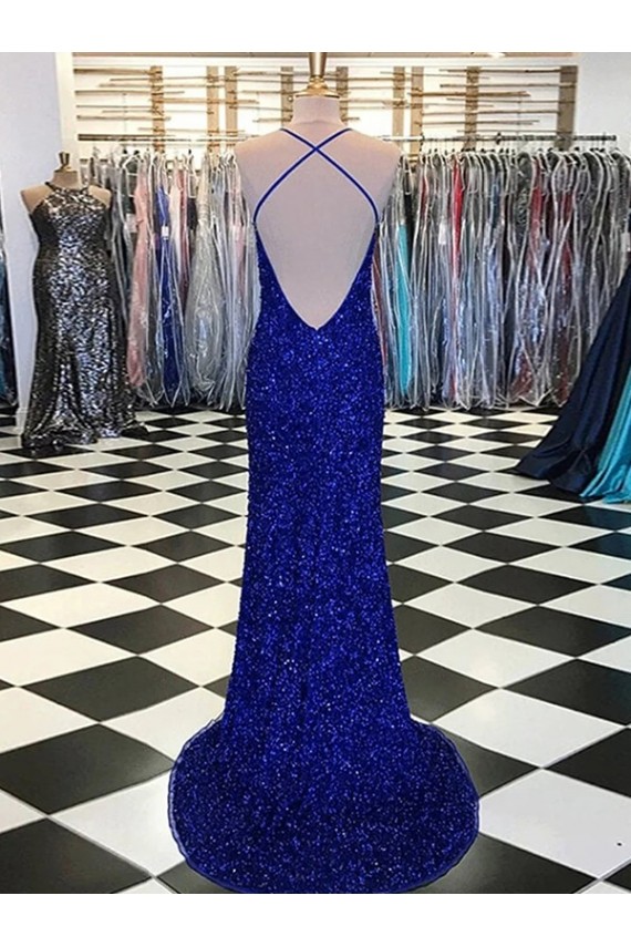 Buy Sweep Train Royal Blue Sleeveless Sheath Velvet Sequin Evening Dresses