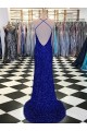 Buy Sweep Train Royal Blue Sleeveless Sheath Velvet Sequin Evening Dresses
