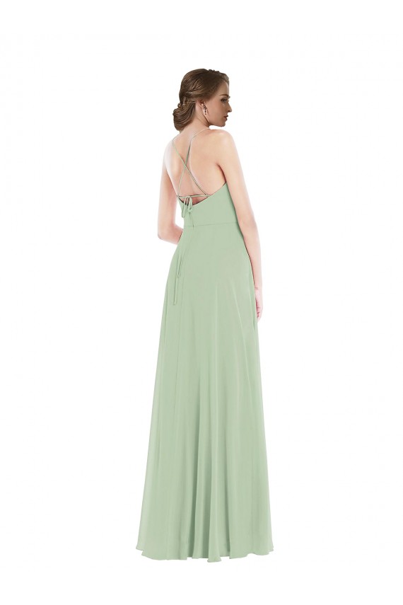 Buy Long Sage Sleeveless A-Line Open Back Front Slit Semi Formal Evening Dress
