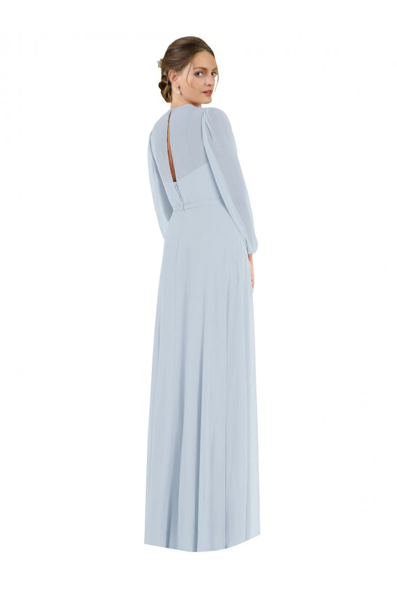 Buy Long Sea Glass Puff Sleeves A-Line Keyhole Back Formal Evening Dress