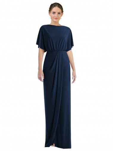 Buy Long Dark Navy Short Sleeves Sheath Open Back Semi Formal Evening Dress